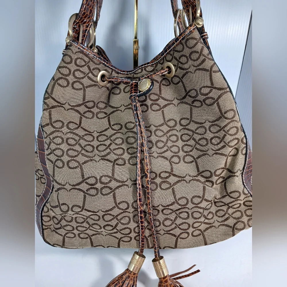 Lancel Canvas Monogram / leather brown crocodile bucket  handbag